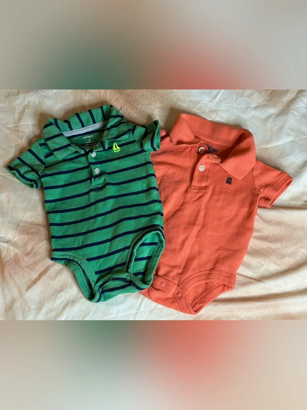 2 Baby Boy Button Up Polo Shirt Onesies | Green Carter’s & Orange Oshkosh B’gosh
